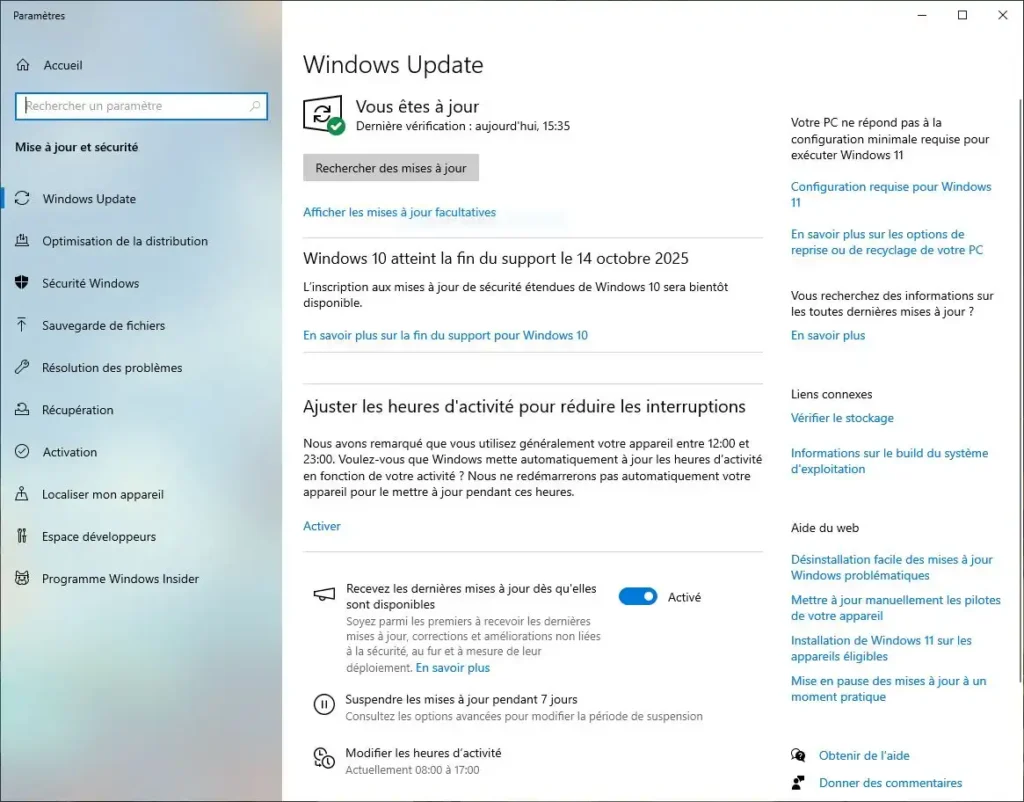 activer les mises à jour étendues de Windows 10