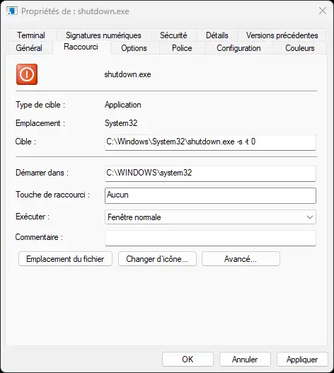 créer un raccourci arrêt PC bureau